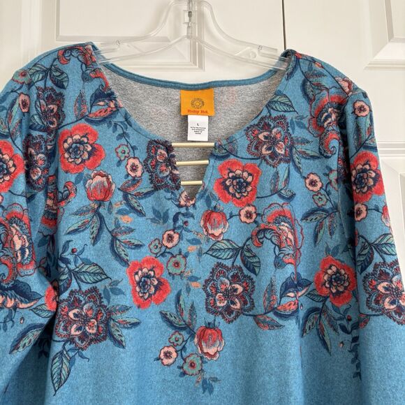 RUBY RD. WOMEN'S TOPS L/1X PULLOVER BLUE FLORAL KNIT 3/4 SLEEVES KEYHOLE NECK - Picture 7 of 7
